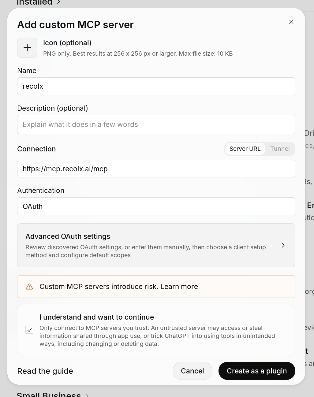 ChatGPT Add custom MCP server dialog with the Recolx server URL and OAuth authentication