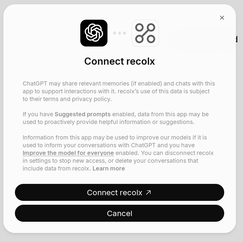 ChatGPT Connect recolx confirmation dialog